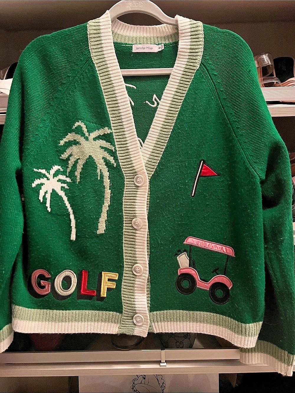 Jennifer Miller Green Golf Cardigan Sweater Green & White